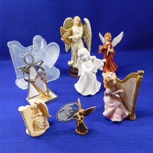 Vintage 9 Piece Angel Figurine Lot with Harps
